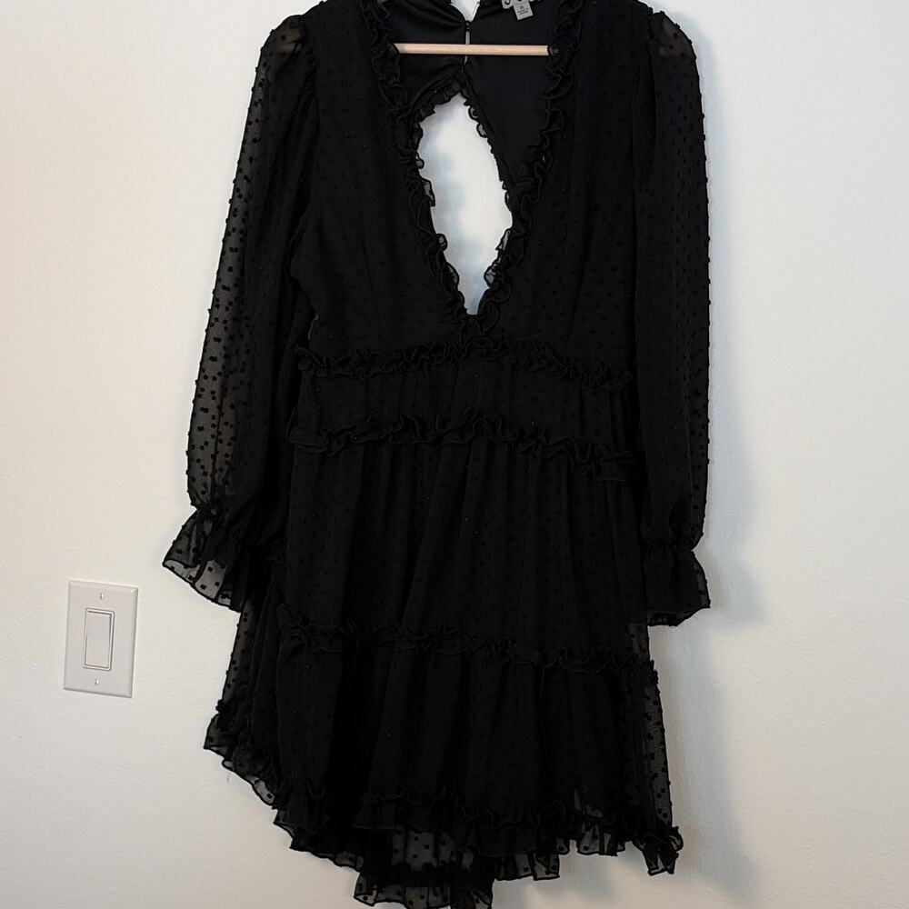 For Justify Black Chiffon Sheer Mini Dress V-Neck Long Sleeve Ruffle XL